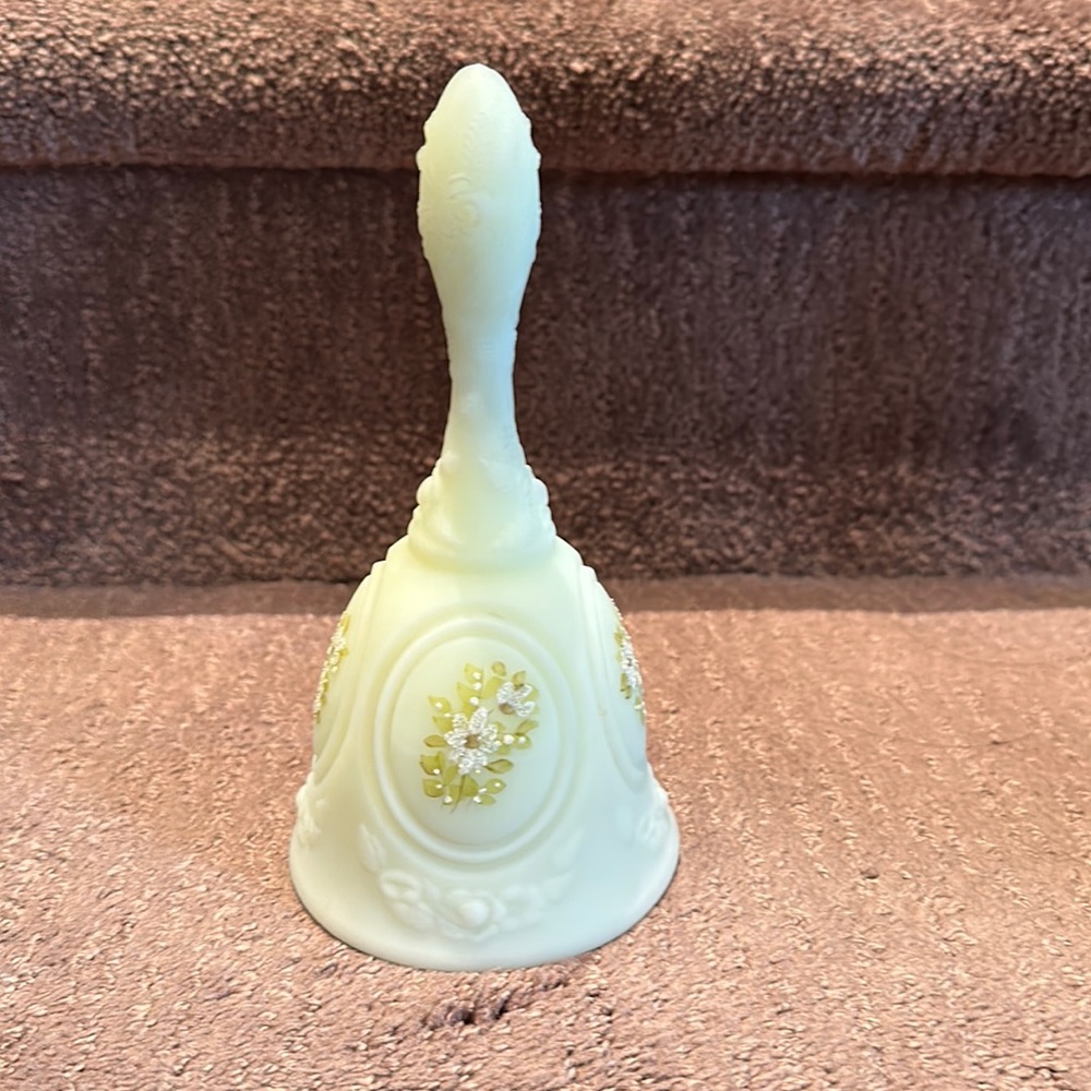 Vintage Fenton Yellow Custard Glass Bell Hand Painted And Signed